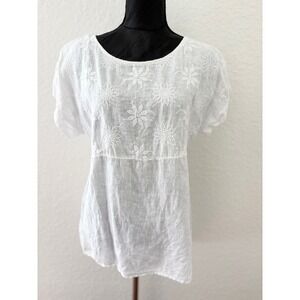 Terzo Millennio White 100% Linen Embroidered Tunic Top Size S Italy Art 706